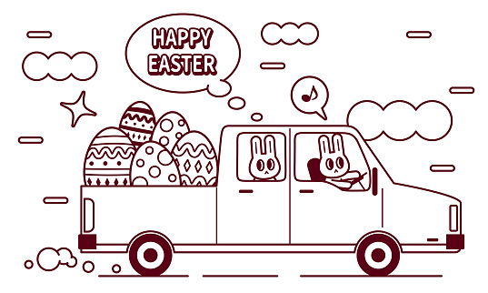 Smiling Easter bunny driver driving a pick-up truck delivering Easter Eggs