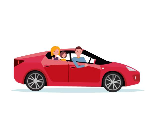 ilustrações de stock, clip art, desenhos animados e ícones de smiling family inside their new red car. driver at the wheel of car. mom and daughter are sitting in back seat. side view of sports car. man showing thumb up gesture. vector flat cartoon illustration - family car