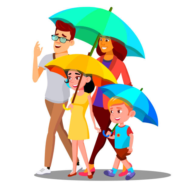 stockillustraties, clipart, cartoons en iconen met glimlachen-familie op een wandeling onder de paraplu's in de regen-vector. geïsoleerde illustratie - pregnant couple outside