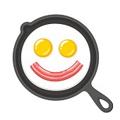 Funny smiling fried eggs and bacon in skillet. Breakfast food cartoon vector clip art illustration.