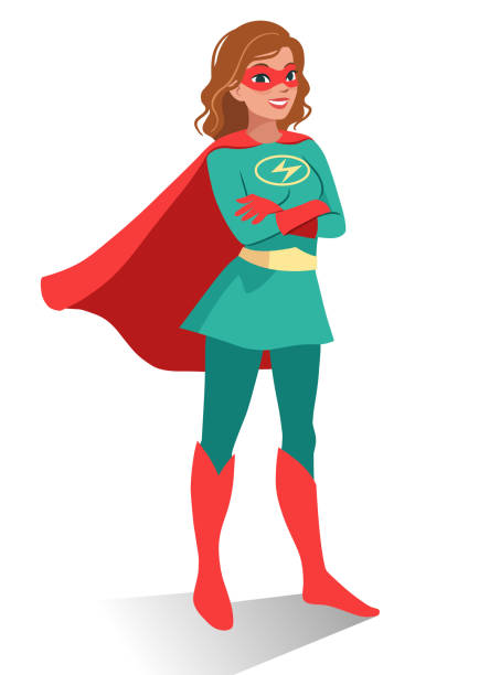 Smiling friendly confident young Caucasian woman in superhero costume and mask standing with folded arms. Vector cartoon character illustration in flat contemporary style isolated on white background. Smiling friendly confident young Caucasian woman in superhero costume and mask standing with folded arms. Vector cartoon character illustration in flat contemporary style isolated on white background. superwoman stock illustrations