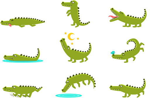 Smiling Friendly Crocodile Cartoon Character And Its Everyday Wild Animal Activities Set Of Illustrations