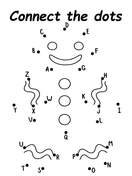 Smiling gingerbread man connect the dots game stock vector illustration Smiling gingerbread man connect the dots game stock vector illustration. Funny educational winter puzzle to learn English letters and alphabet order. Simple black and white printable worksheet gingerbread man coloring page stock illustrations