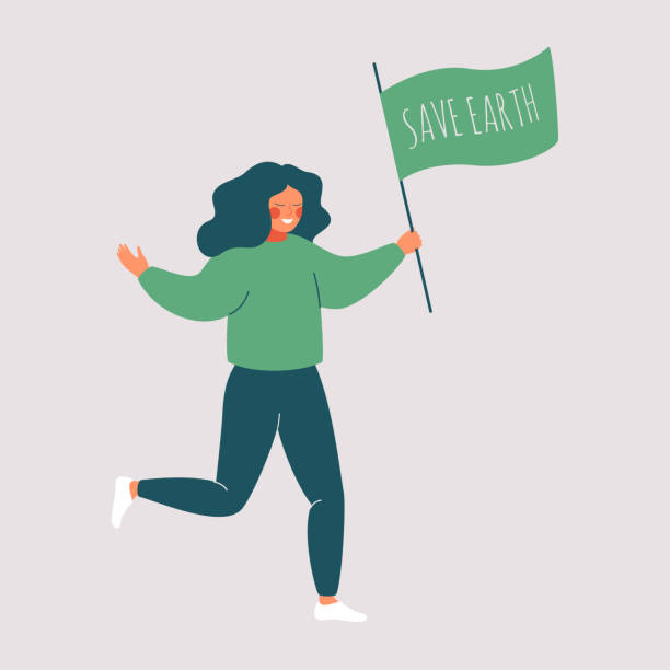 Smiling girl holding a green flag that says save earth. Smiling girl holding a green flag that says save earth. Woman activist campaigning to protect the earth. Green Ecology concept. Vector illustration environmental consciousness stock illustrations