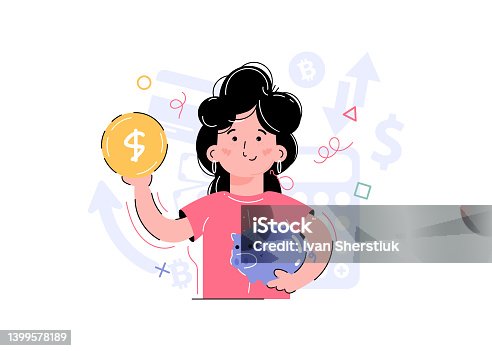 istock A smiling girl holds a piggy bank and a coin in her hands. Element for the design of presentations, applications and websites. trend illustration. 1399578189
