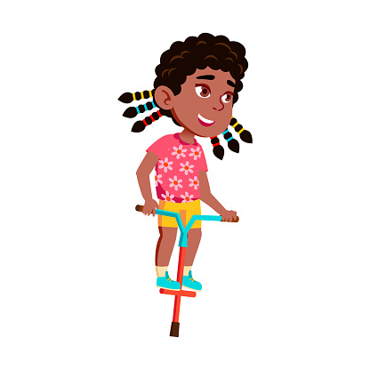 smiling girl jumping on pogo stick cartoon vector