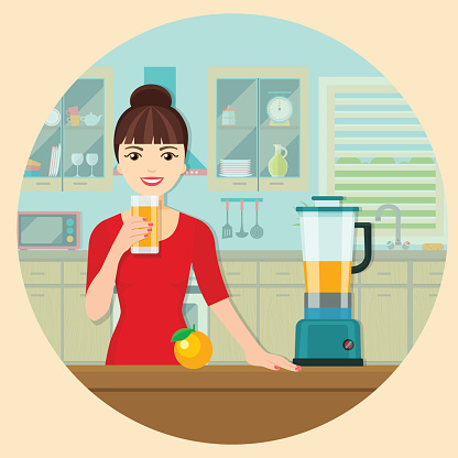 Smiling girl with orange juice glass. Vector flat illustration.