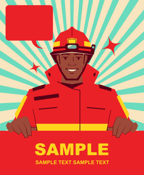 Smiling handsome African ethnicity firefighter holding blank sign Unique Characters Vector Art Illustration.
Smiling handsome African ethnicity firefighter holding blank sign. fire safety stock illustrations