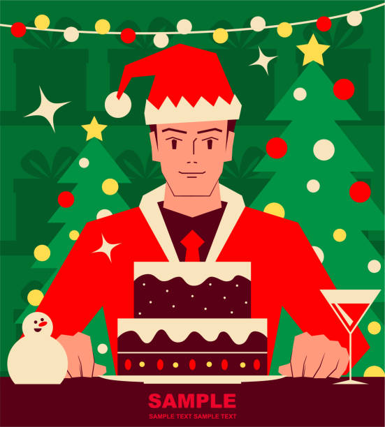ilustrações de stock, clip art, desenhos animados e ícones de smiling handsome man dressed in a santa claus suit enjoying christmas cake - bolos de chocolate