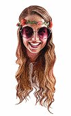 Mezzotint of a young woman boho, hippie with floral crown. Cut out with copy space