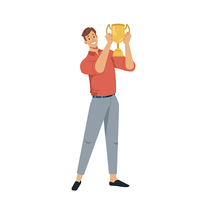 Smiling man winner holding golden goblet cup for first prize in hands isolated flat cartoon character. Vector happy successful guy win award, goal achievement celebration, triumph and grand prize