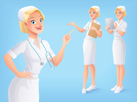Smiling medical nurse in uniform in various poses. Vector set.