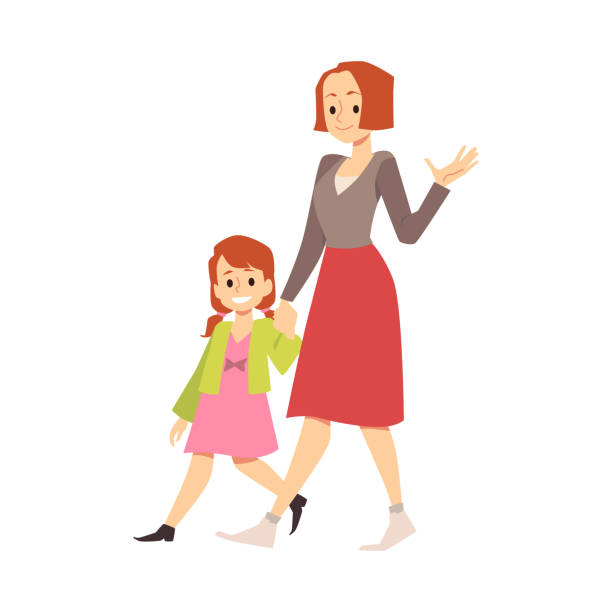 bildbanksillustrationer, clip art samt tecknat material och ikoner med smiling mother with little daughter walking together, talk and holding hands. - walk and talk