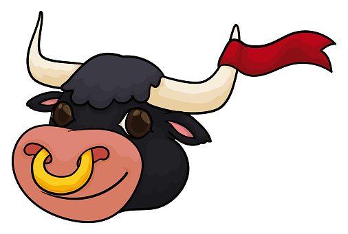 Happy black ox head with golden nose ring and red ribbon tangled in its horn, isolated over white background.
