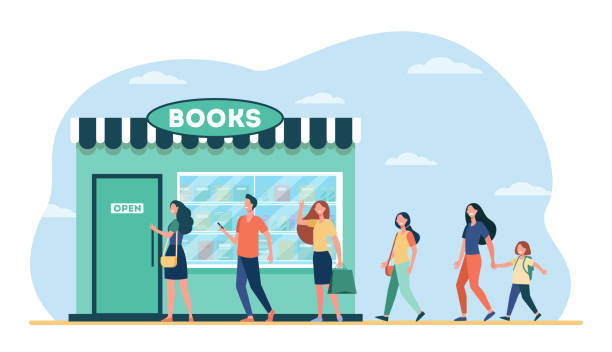 illustrations, cliparts, dessins animés et icônes de personnes de sourire restant dans la ligne à la librairie - librairie