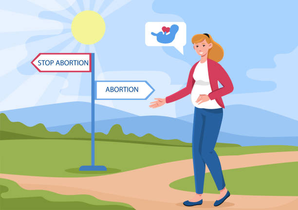 lächelnde schwangere weibliche figur steht neben divarication mit abtreibungsstopp - my body my choice abortion stock-grafiken, -clipart, -cartoons und -symbole