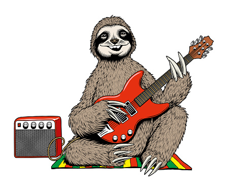 Smiling sloth in reggae style playing electric guitar and singing a song. Comic style vector illustration.