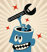 Blue Cartoon Characters Design Vector Art Illustration.
Smiling small man turning up from a giant man's open head and holding a big wrench.