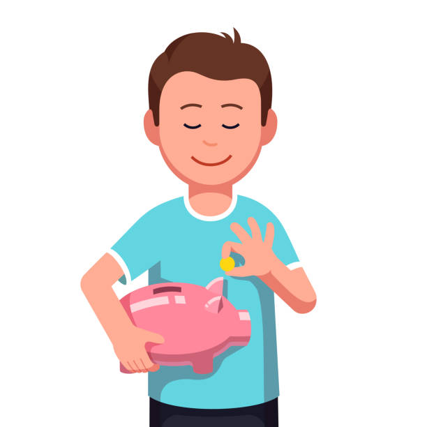 Smiling teenage boy kid saving money holding piggy bank putting coin money into it. Finance and economy flat vector clipart illustration. Smiling teenage boy kid holding piggy bank putting coin money into it. Teenager kid cartoon character saving money. Finance and saving economy. Flat vector illustration isolated on white background. allowance stock illustrations