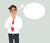 Smiling thoughtful young business man is thinking and looking up. Blank/empty thought bubble. Human emotion, facial expression, feeling concept illustration in vector cartoon style. Modern lifestyle.