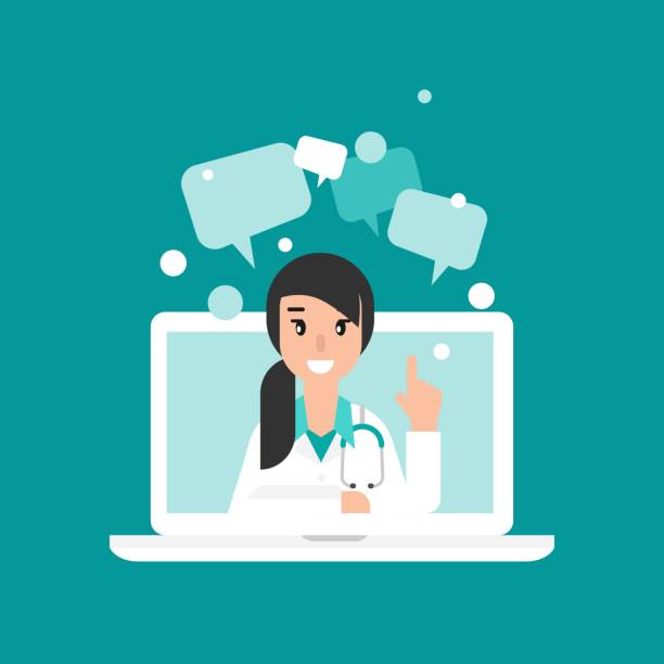 Smiling woman doctor on the laptop screen. Smiling woman doctor on the laptop screen. Medical internet consultation.  Healthcare consulting web service.  Hospital support online. Computer doctor. Ask a doctor. Vector flat illustration on blue mary mara stock illustrations