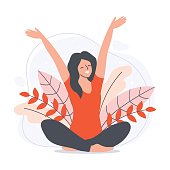 istock Smiling woman sitting in lotus pose with her arms up in the air. Happy young girl in natural background with leaves. Flat vector illustration 1333571238