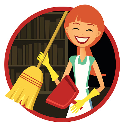 Smiling Woman with Broom and Dust Pan
