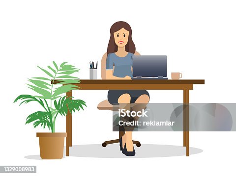 istock Smiling young business woman working while looking at laptop. sitting at desk and working on tasks. Freelance or office profession concept, Office workflow vector illustration. 1329008983