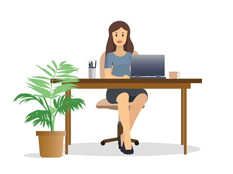 Smiling young business woman working while looking at laptop. sitting at desk and working on tasks. Freelance or office profession concept, Office workflow vector illustration.