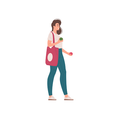 Smiling young casual female holding two fresh seasonal apples going with shopping bag vector flat