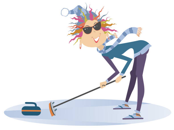 Smiling young woman plays curling isolated illustration vector art illustration