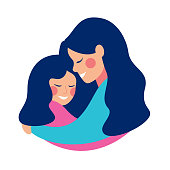 Side view of smilling young mother embracing her daughter with love. Vector illustration isolated from white