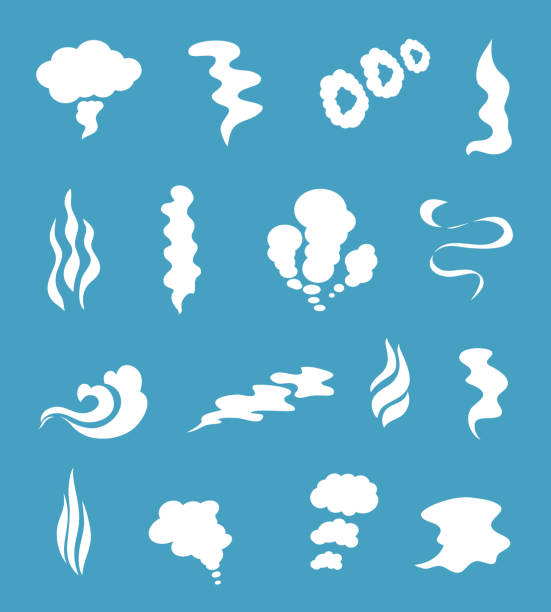 Smoke and steam silhouette icons. Smoking clouds from chimney or fire, cigarettes pipes vector signs Smoke and steam silhouette icons. Smoking clouds from chimney or fire, cigarettes or pipes vector signs. Smoke bubble cloud collection illustration vapor trail stock illustrations