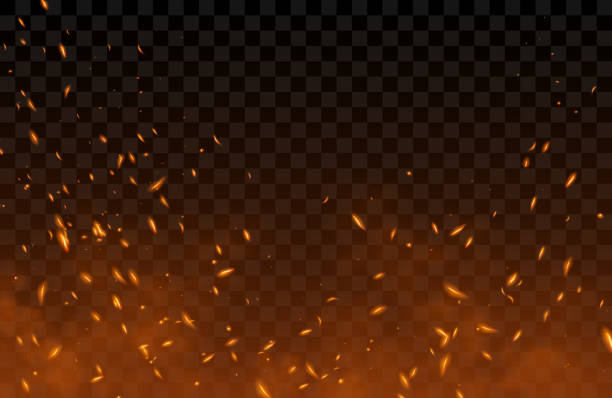 Smoke, flying up sparks and fire particles Smoke, sparks and fire particles, flying up embers and burning cinder. Vector realistic heat effect of flame in bonfire, from blacksmith works or hell isolated on transparent background fire stock illustrations