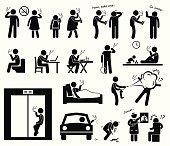 A set of human pictogram representing a smoker smoking in various places without consideration. At the end, the doctor tell him that he had lung cancer.