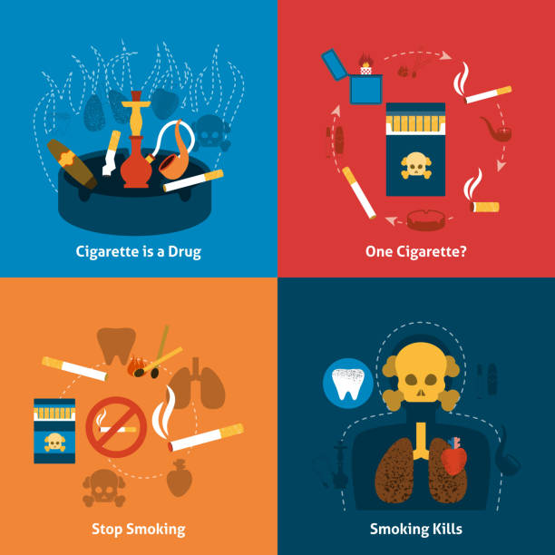 smoking flat Smoking design concept with cigarettes grugs flat icons set isolated vector illustration Smoking Kills stock illustrations