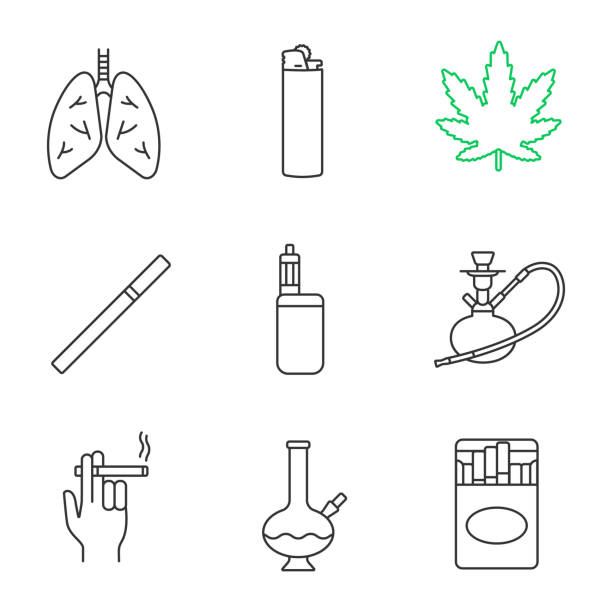 Smoking icons Smoking linear vector icons. Thin line. Human lungs, flip lighter, marijuana leaf, cigarettes pack, hookah, smoker hand, bong, vape cigarette lighter stock illustrations