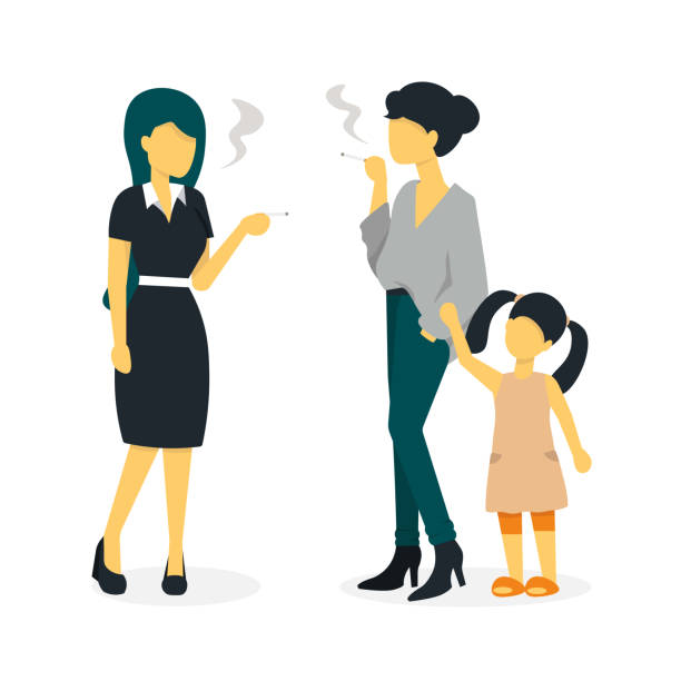 smoking women and child Two beautiful young girls smoking in front of a child. Young mother with a baby smokes. Flat vector illustration. little girl smoking cigarette stock illustrations