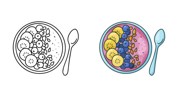 Smoothie bowl doodle icon. Linear and color version Smoothie bowl doodle icon. Linear and color version. Black simple illustration of plate with fruit puree and spoon. Contour isolated vector pictogram on white background smoothie clipart stock illustrations