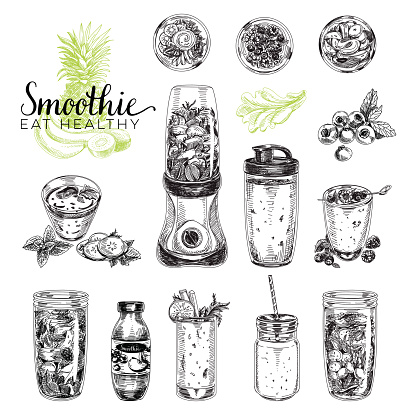 Smoothie vector set. Healthy foods illustrations in sketch style