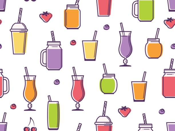 Smoothies seamless pattern Colorful vector background of cups, jars, glasses and bottles with tasty nonalcoholic beverages. smoothie designs stock illustrations