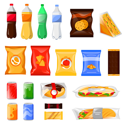 Snack and fast food products set. Cartoon meal and drinks vector illustration, isolated on white background. Beverage bottles, sandwich package and cookie packets, icons and design elements.