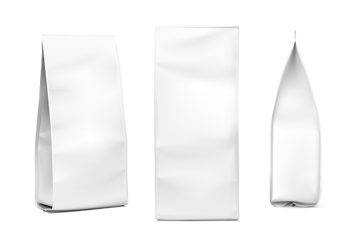 Snack bag mockup on white background. Fron, side and perspective views.