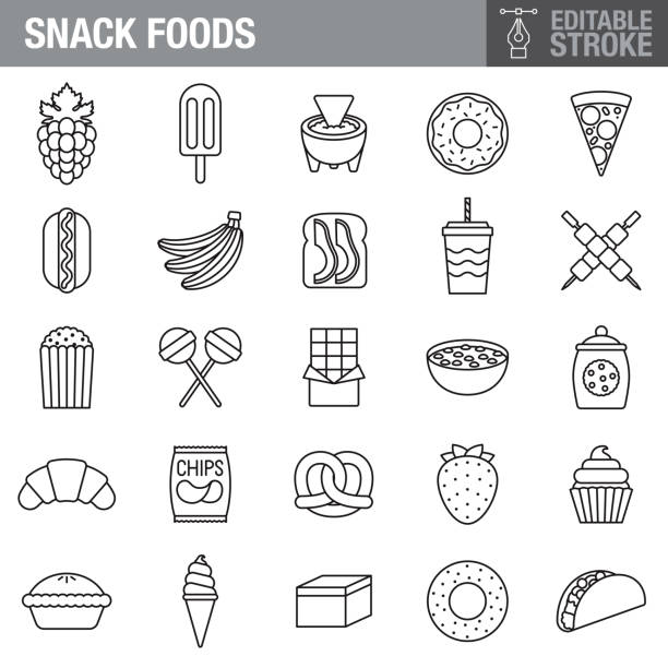 Snack Foods Stroke Icon Set A set of icons. File is built in the CMYK color space for optimal printing. Color swatches are global so it’s easy to edit and change the colors. chocolate icons stock illustrations