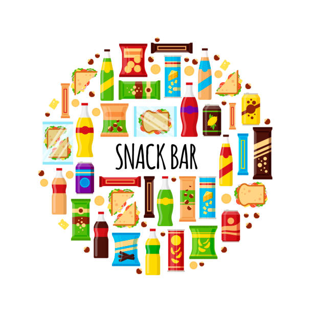 Snack product in circle. Fast food snacks, drinks, nuts, chips, cracker, juice, sandwich for snack bar isolated on white background. Flat illustration in vector Snack product in circle. Fast food snacks, drinks, nuts, chips, cracker, juice, sandwich for snack bar isolated on white background. Flat illustration in vector. snack stock illustrations
