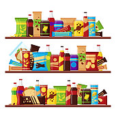 Snack product set on the shelves, colorful fast food snacks drinks nuts chips cracker juice sandwich chocolate isolated on white background.
