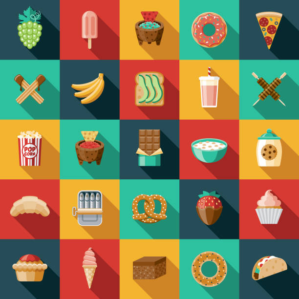 Snacks Icon Set A set of icons. File is built in the CMYK color space for optimal printing. Color swatches are global so it’s easy to edit and change the colors. snack stock illustrations