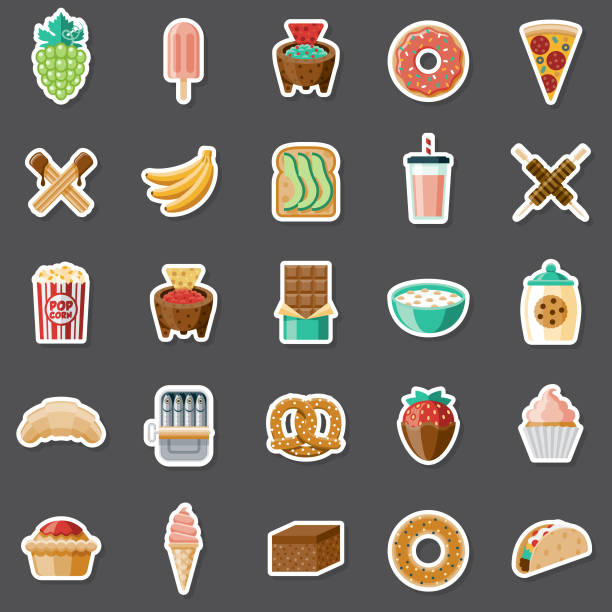 Snacks Sticker Set A set of flat design icons in a sticker type format. File is built in the CMYK color space for optimal printing. Color swatches are global so it’s easy to edit and change the colors. smoothie clipart stock illustrations
