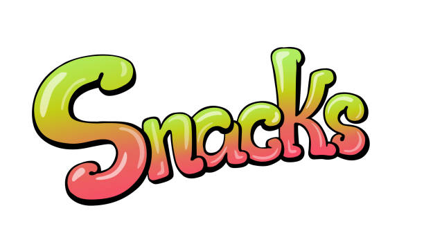 Snacks title Snacks handwritten lettering. Restaurant cafe menu title. Calligraphic graffiti comic style headline. Colorful bright volume font. Vector typographic pop-art inscription snack stock illustrations