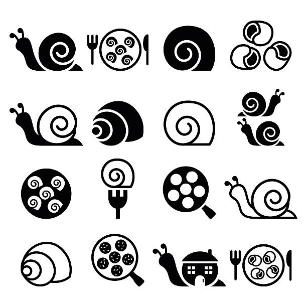 Snails, French snail meal - escargot icons set Vector icons set of snails isolated on white  snail stock illustrations